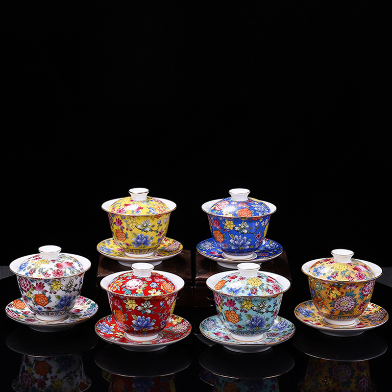 Matcha Bowl Chawan - HMLOVE 白磁 Sancai Gaiwan カラーエナメルカバーボウル蓋ソーサーヴィンテージ手作り茶チュリーン茶器セットギフト 200