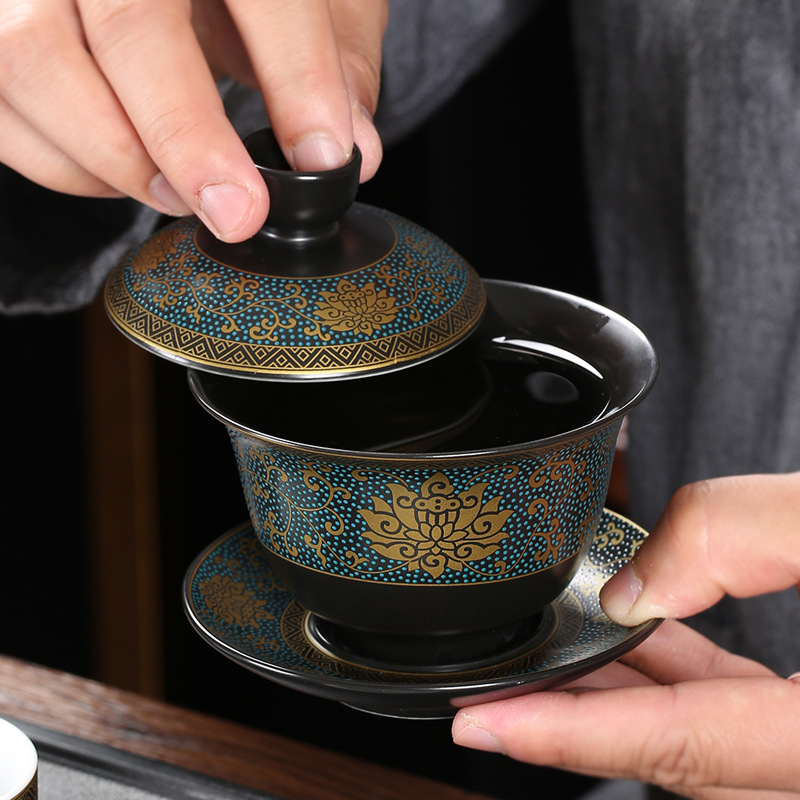 Matcha Bowl Chawan - クラシックなチャイニーズティーカップ,ゲイワンブラッククレイトゥリーン,180ml,蓋付き,ソーサー,伝統的な手作りティーカップ