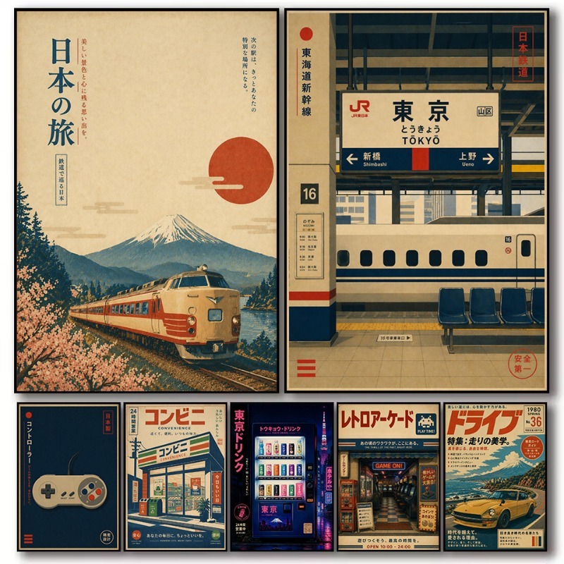 Japanese Lifestyle Store - ヴィンテージ日本の伝統的な店舗鉄道駅ゲームアーケードカーポスターキャンバス絵画壁アート写真家の寝室の装飾