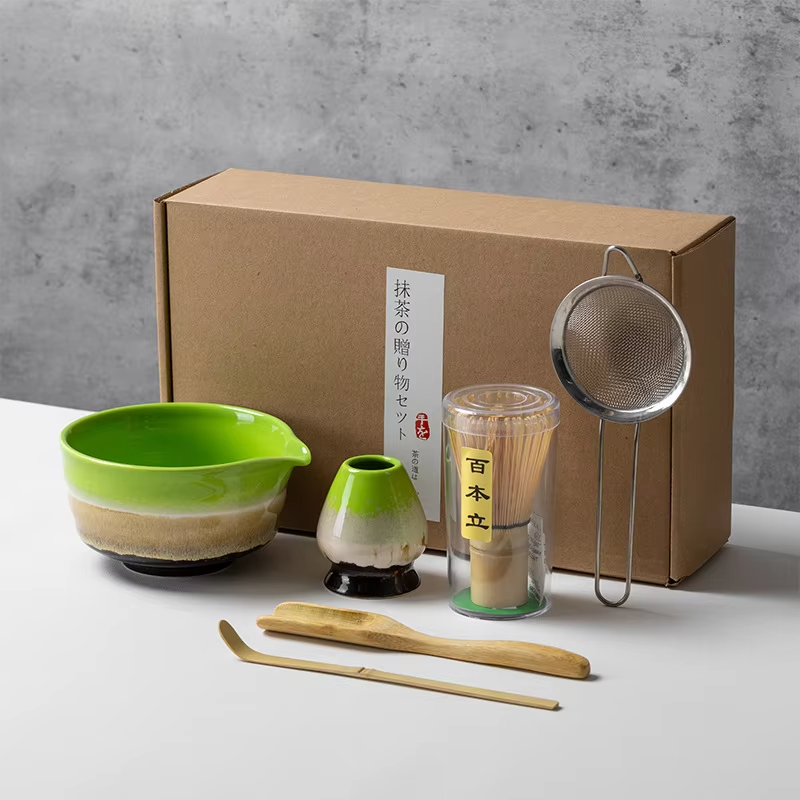Matcha Bowl Chawan - 和風抹茶セット、竹泡立て器、セラミックボウルスクープ、伝統的な屋内手作りお茶作りツール、1セットあたり4個、1セットあたり5個
