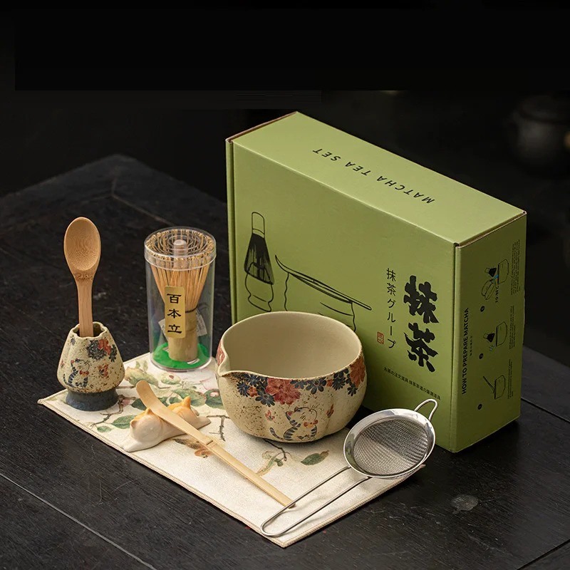 Matcha Bowl Chawan - 8点セット 日本製 火打石抹茶セット 竹製抹茶茶筅 高級抹茶茶碗 箱入り