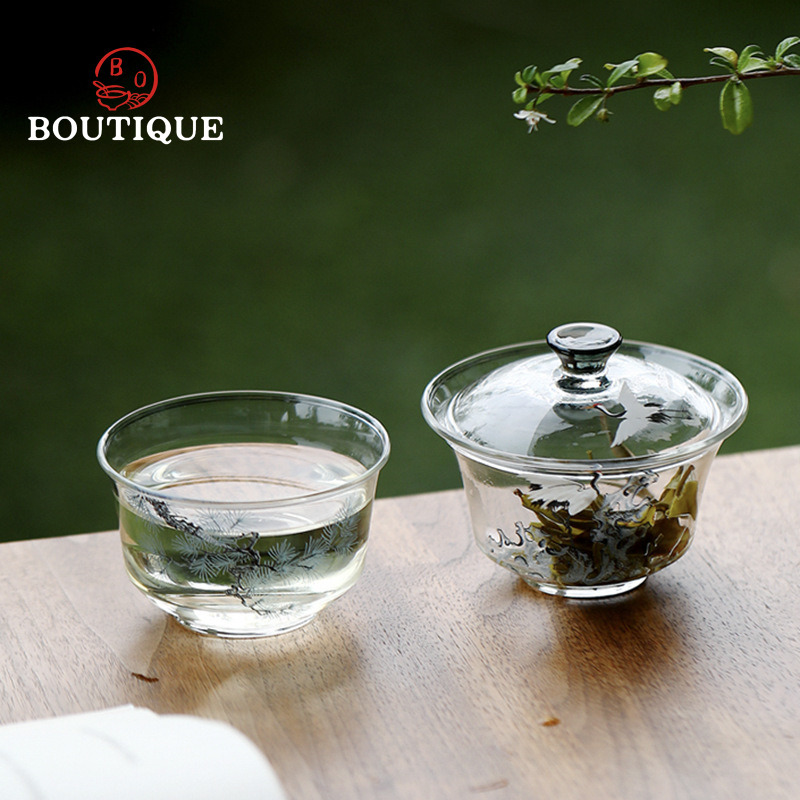 松と鶴の蓋碗オリジナルガラス茶碗耐熱手作りカンフーセット茶碗 - Matcha Bowl Chawan のレビューと価格