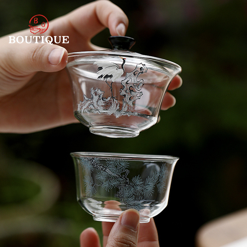 松と鶴の蓋碗オリジナルガラス茶碗耐熱手作りカンフーセット茶碗 - Matcha Bowl Chawan のレビューと価格
