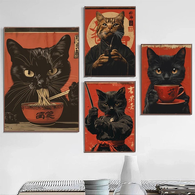 江戸風黒猫が麺を食べるお茶を飲むポスターとプリントキャンバス - Japanese Eating Lifestyle のレビューと価格