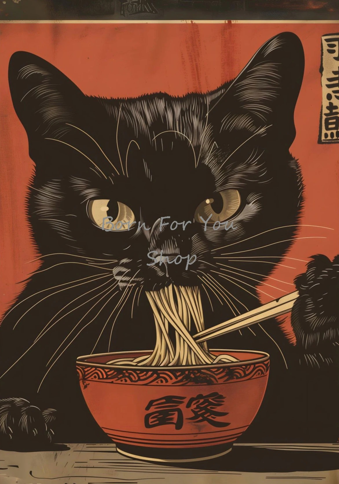 江戸風黒猫が麺を食べるお茶を飲むポスターとプリントキャンバス - Japanese Eating Lifestyle のレビューと価格