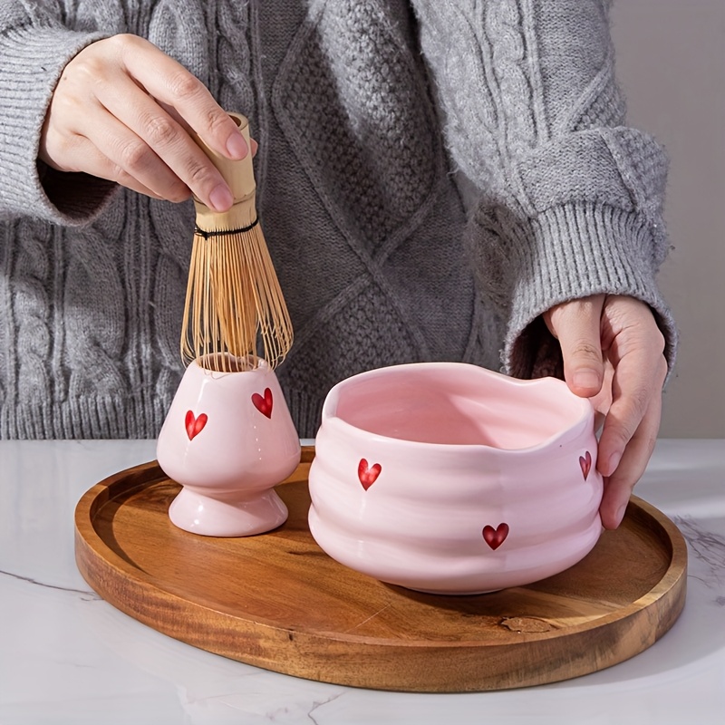 ピンクハートデカールセラミック抹茶セット5個、かわいい抹茶セ - Matcha Bowl Chawan のレビューと価格