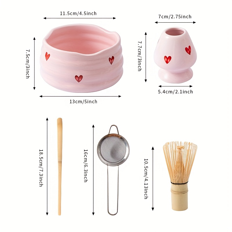 ピンクハートデカールセラミック抹茶セット5個、かわいい抹茶セ - Matcha Bowl Chawan のレビューと価格